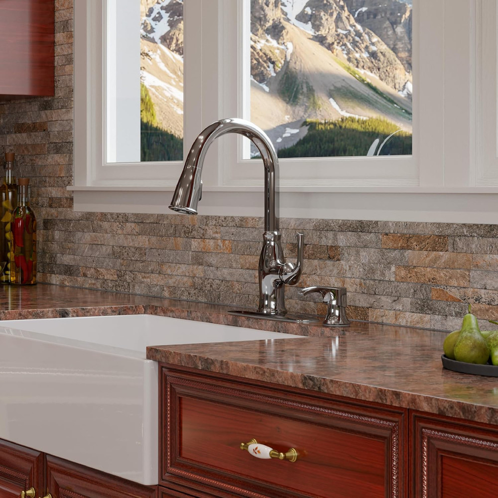 Rosslyn Kitchen Faucet with Pull down Sprayer and Soap Dispenser, Single Handle,