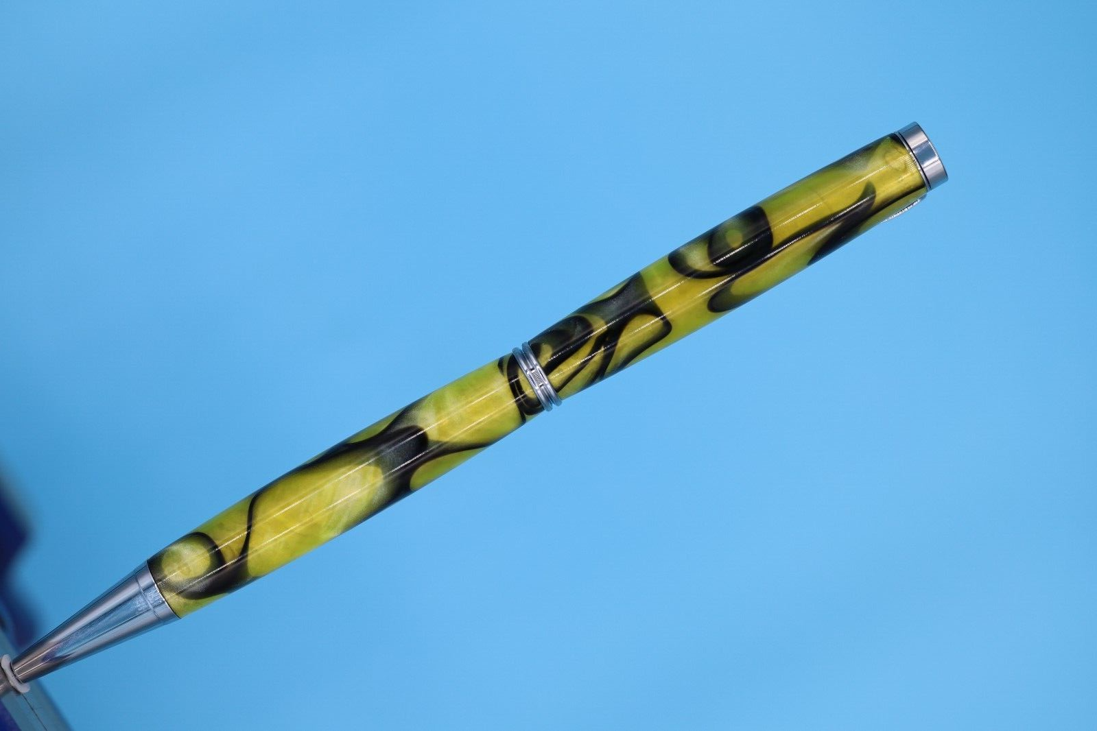 Fancy Slimline Ballpoint Pen in Chrome with Gold Resin and Black Swirls