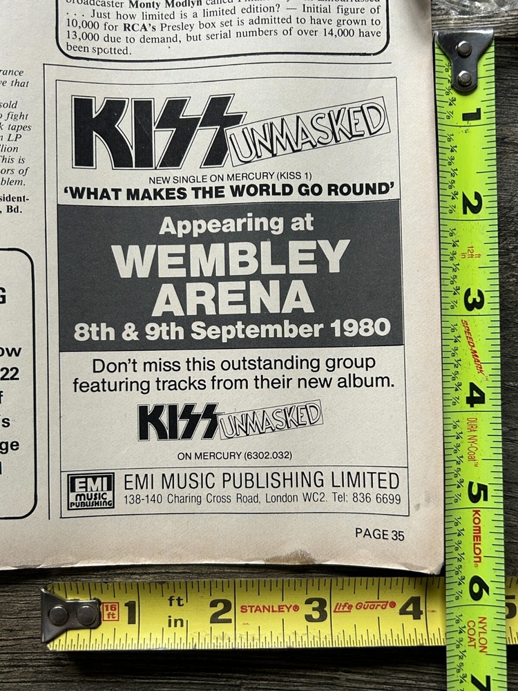 KISS Concert Ad Unmasked Tour Wembley UK 1980 Music Week Vintage Kiss Aucoin