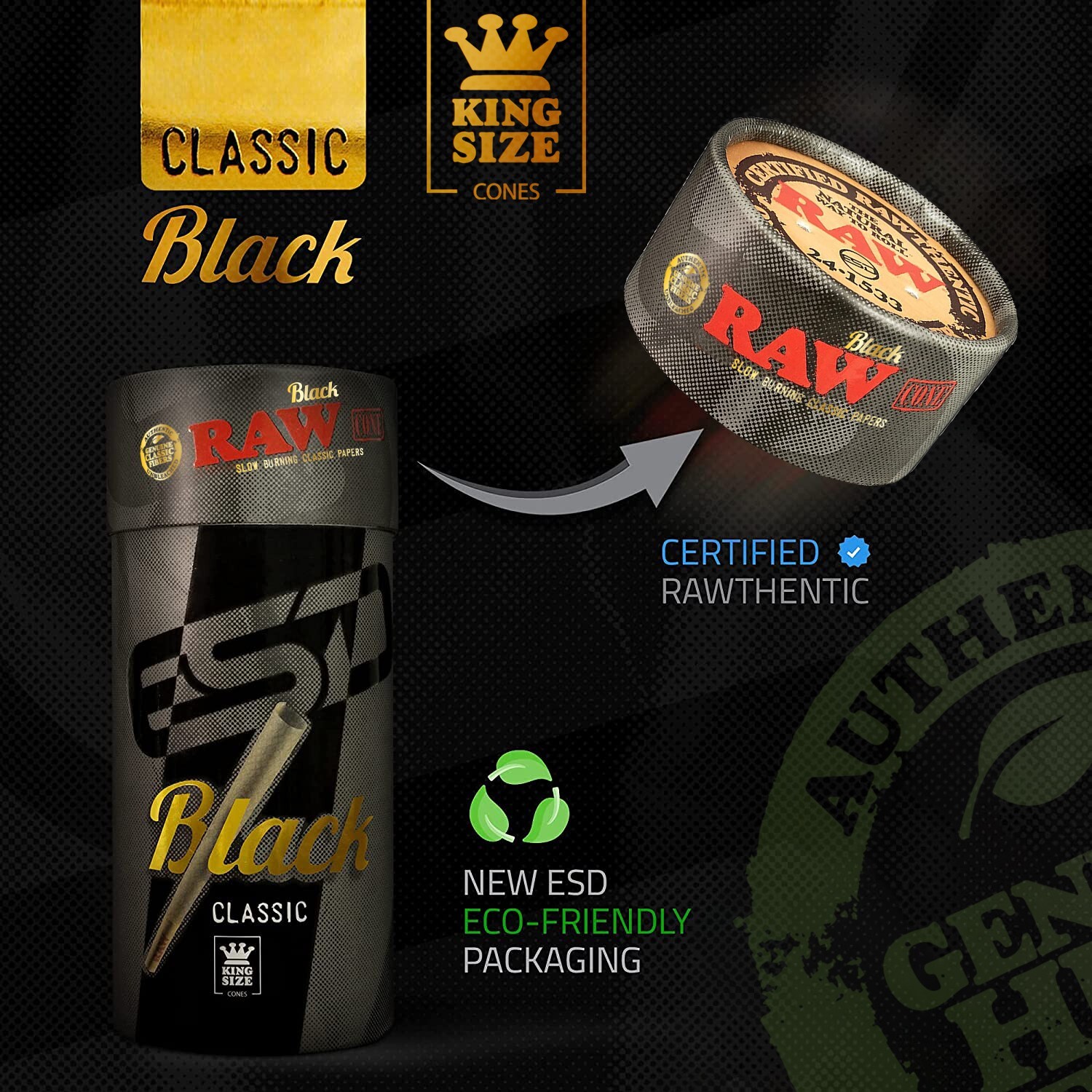 RAW Black 1-1/4 Size Cones | 100 Pack | Ultra-Thin Rolling Paper with Tips