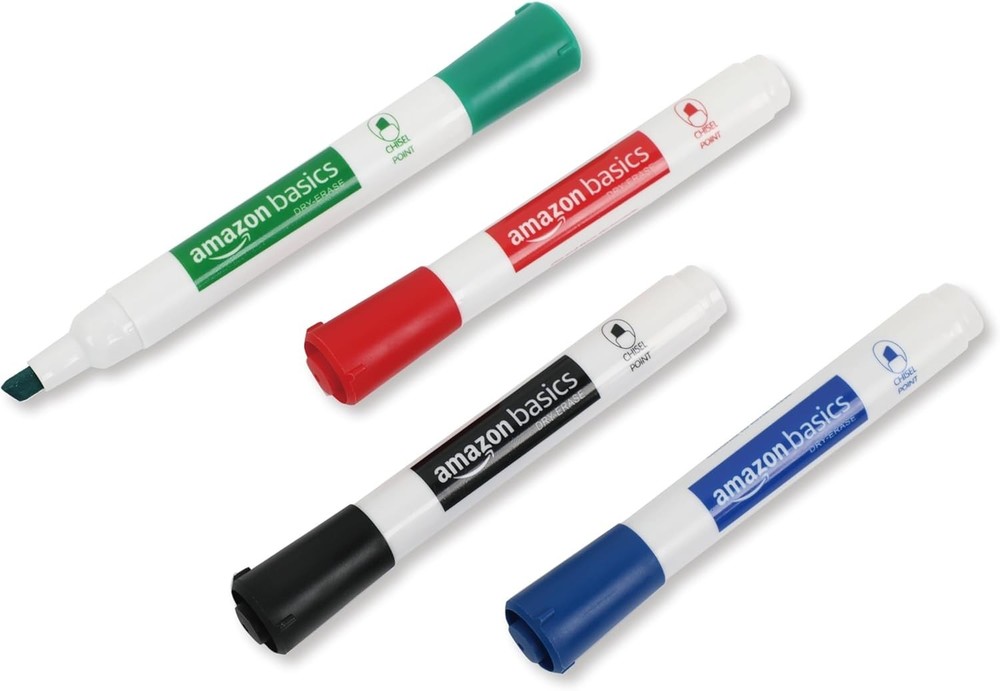 Amazon Basics Chisel Tip Dry Erase Markers, 4-Pack (Black, Red, Green, Blue)
