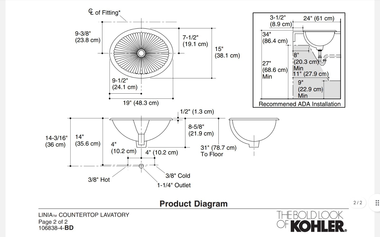 Kohler K-2217 Linia Oval Seashell Sculpted Drop-In Bathroom Sink w/ Overflow