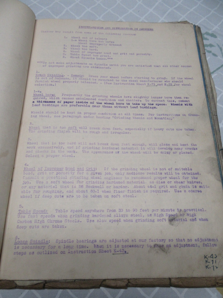 HILL OPERATING - MAINTENANCE MANUAL PRECISION SURFACE GRINDERS BOOK 1942