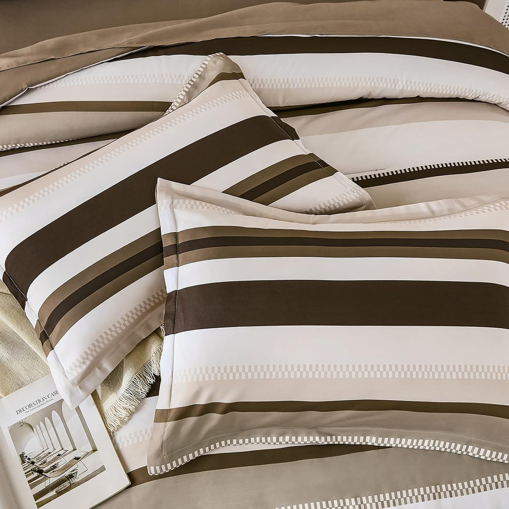 King Size Comforter 7 Pieces, Brown King Comforter Set with Sheets, Striped Bed
