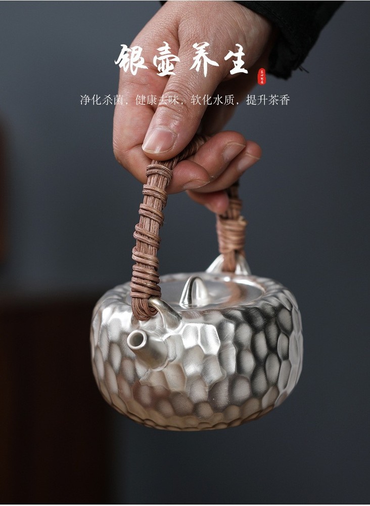 KungFu Tea Set 999 Sterling Silver Pot Cup Ceramic Hammer Pattern Portable Set
