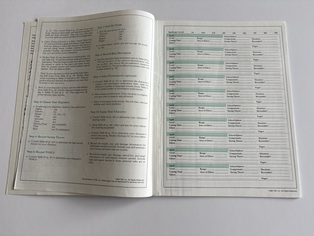 Advanced Dungeons and Dragons Character Record Sheets TSR 1989
