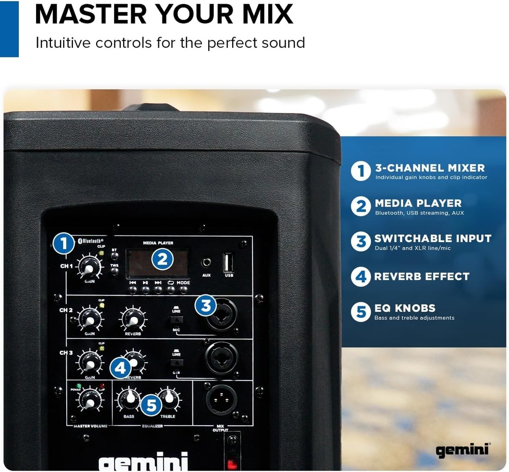 Gemini Sound Powered Line Array PA System with 8" Subwoofer, Mixer & Bluetooth