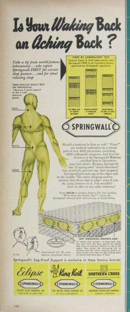 Print Ad Is Your Waking Back An Aching Back Springwall Mattress 1950 AD