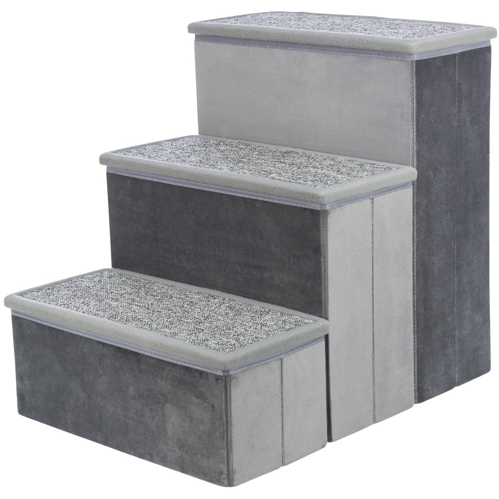 3-Step Foldable Velour Pet Stairs W/ Storage Gray