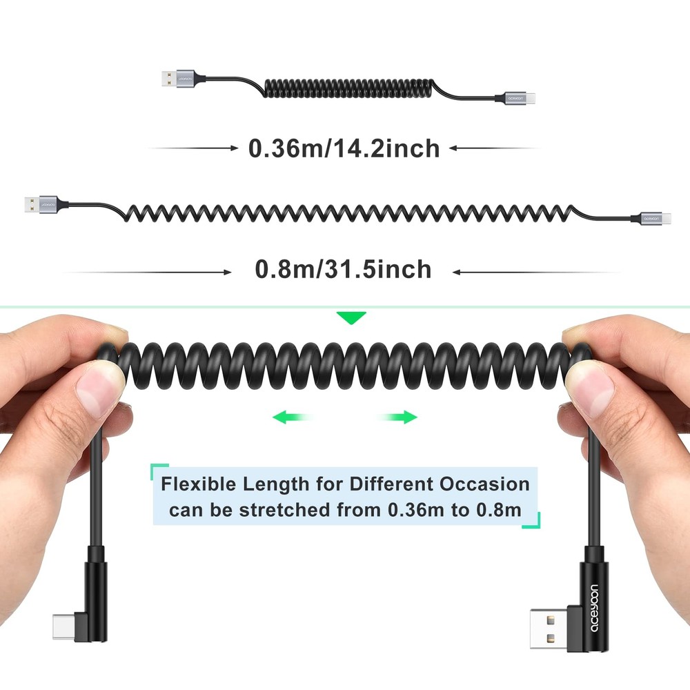 aceyoon USB to C Cable, 90 Degree Right Angled Coiled A C, 1 Pack
