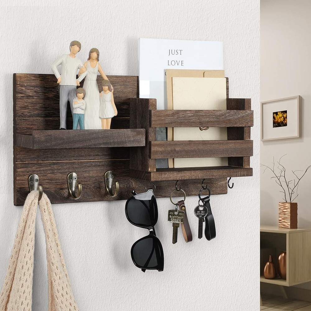 Rustic Wall-Mounted Mail Organizer & Key Holder with 7 Hooks – Easy Install