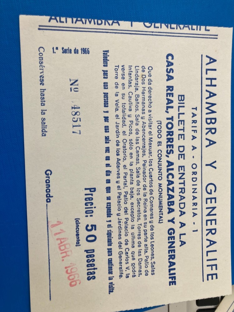 ALHAMBRA TICKET STAMPED 1966