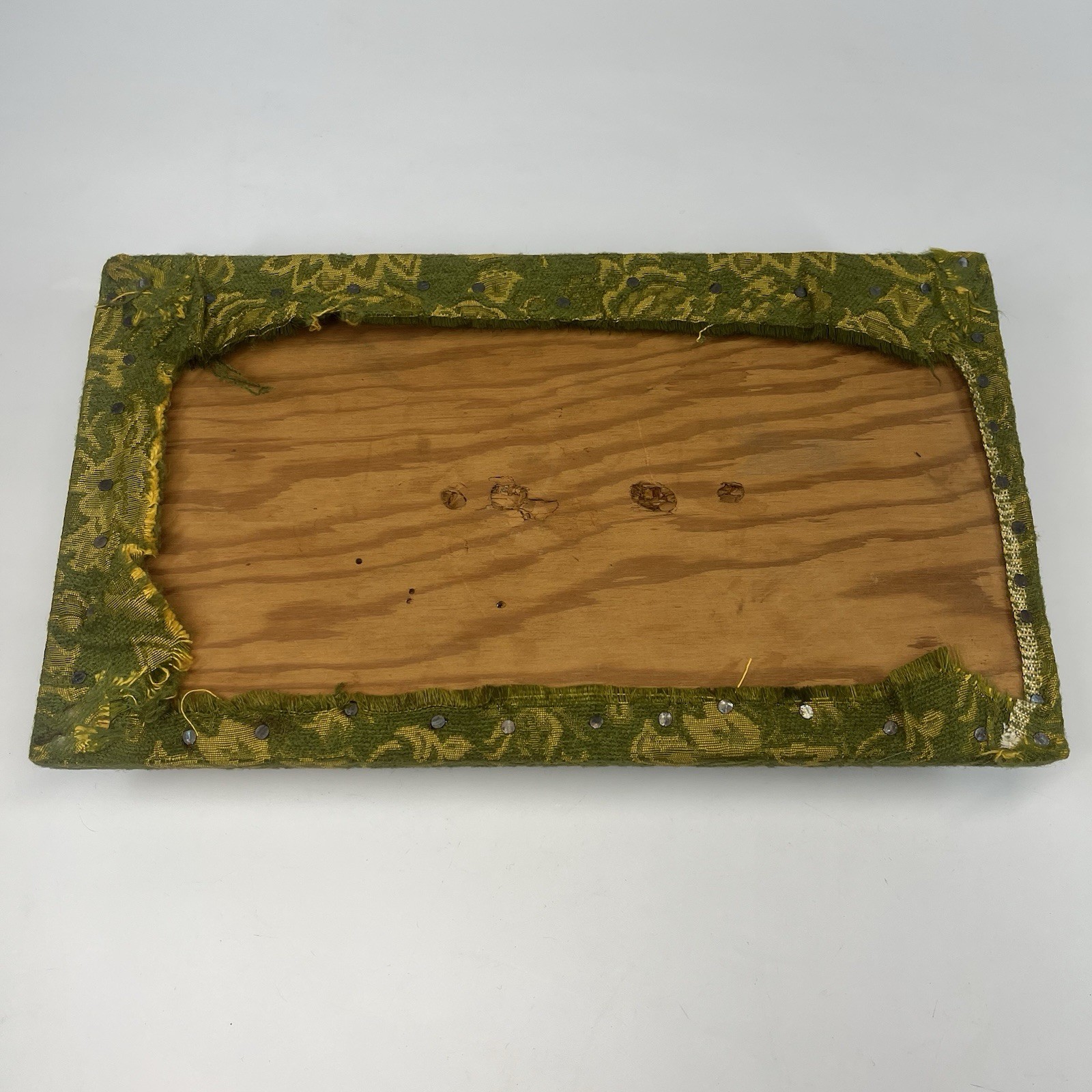 Antique Mission Style Arts & Crafts Wood Foot Stool w/ Green Damask Fabric Top