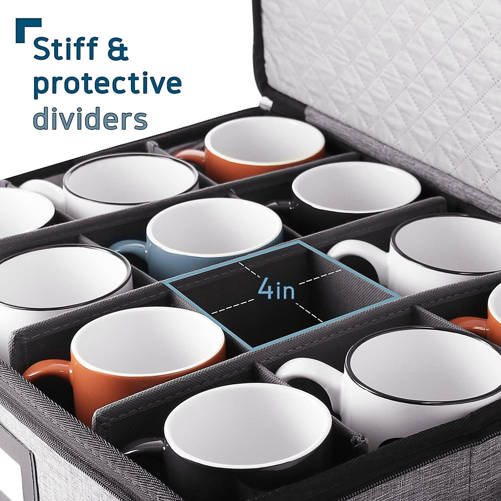 Stackable Quilted Coffee Mug Storage Organizer for 12, Grey Hard Shell
