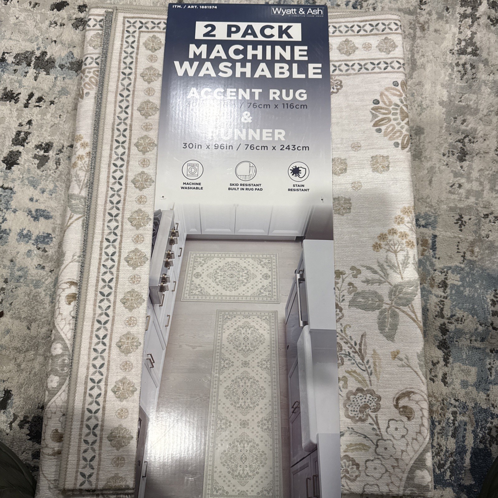 New  Wyatt&Ash Washable 2-Pc Runner and Accent Rug Set  30”x46” And 30”x96” Zinn