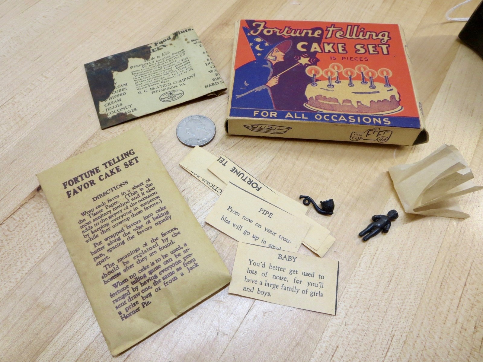 Vintage Fortune Telling Birthday Cake Set MINT BOX! w/ 2 Charms