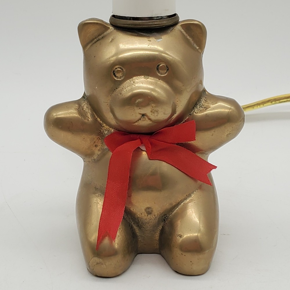 VTG Solid Brass Teddy Bear Lamp Portable Nightlight 7 3/4” High Inline switch