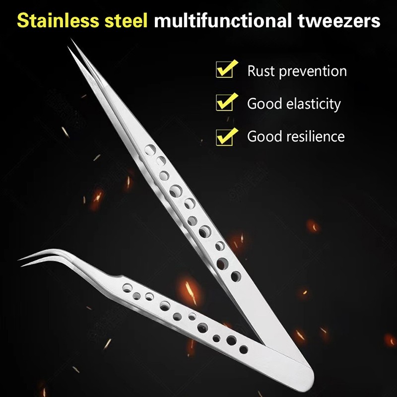 2pcs Industrial Tweezers Electronics Anti-static Curved Straight Tip Precision