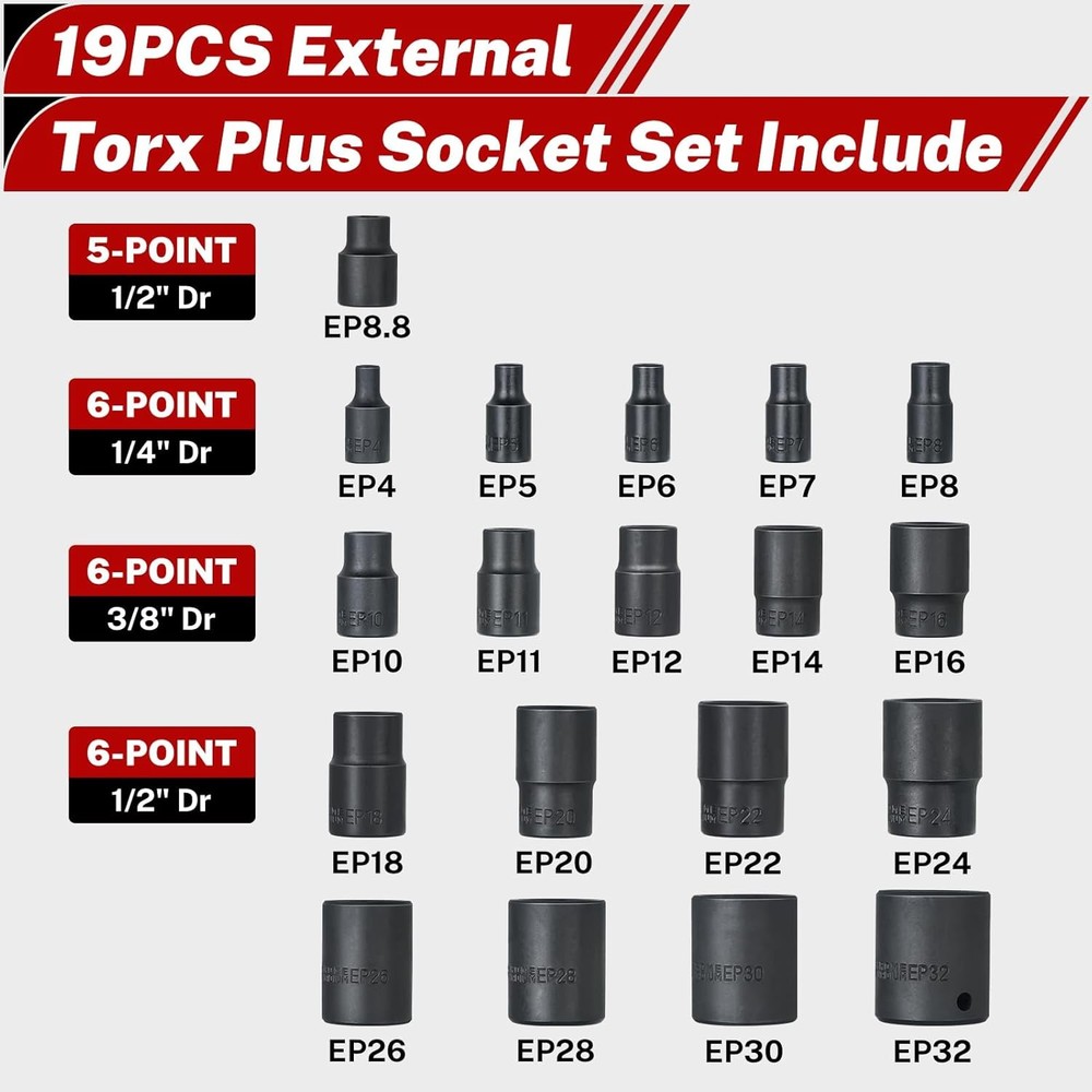 BILITOOLS External Torx Plus Socket Set, 6 Point EP4-EP8, EP10-12, EP14, EP16, E