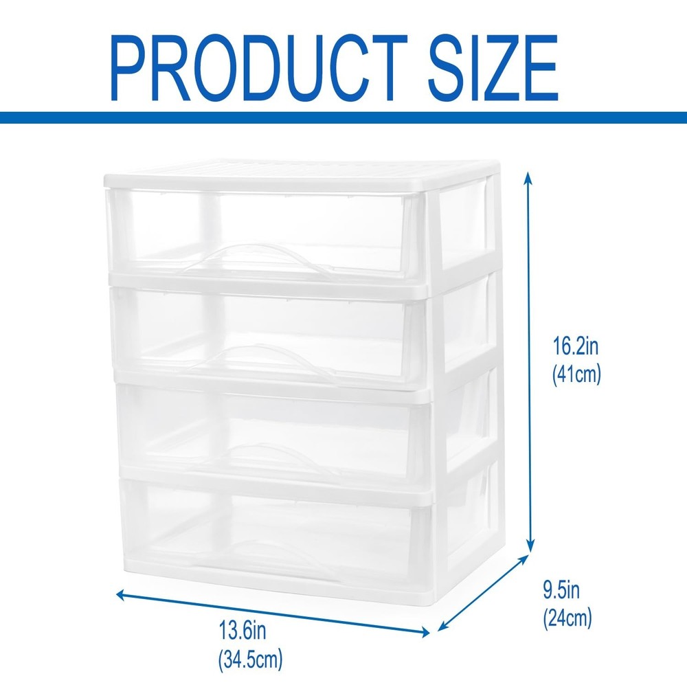 BYCY Plastic Stackable Storage 4 Drawers, White Bathroom Makeup Organizer wit...