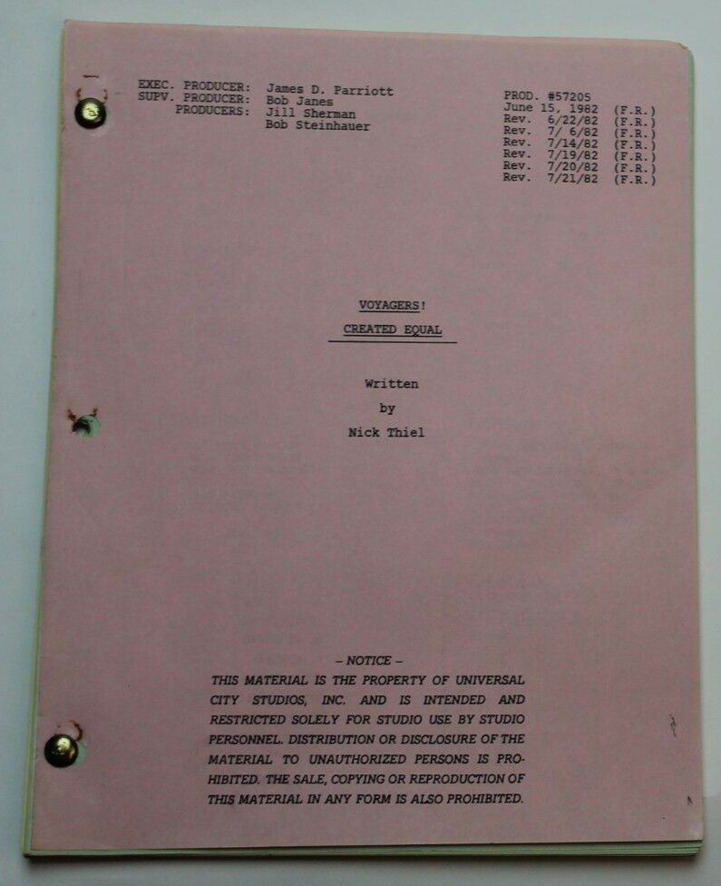 VOYAGERS! / Nick Thiel 1982 Script "Created Equal" ancient Rome save Spartacus
