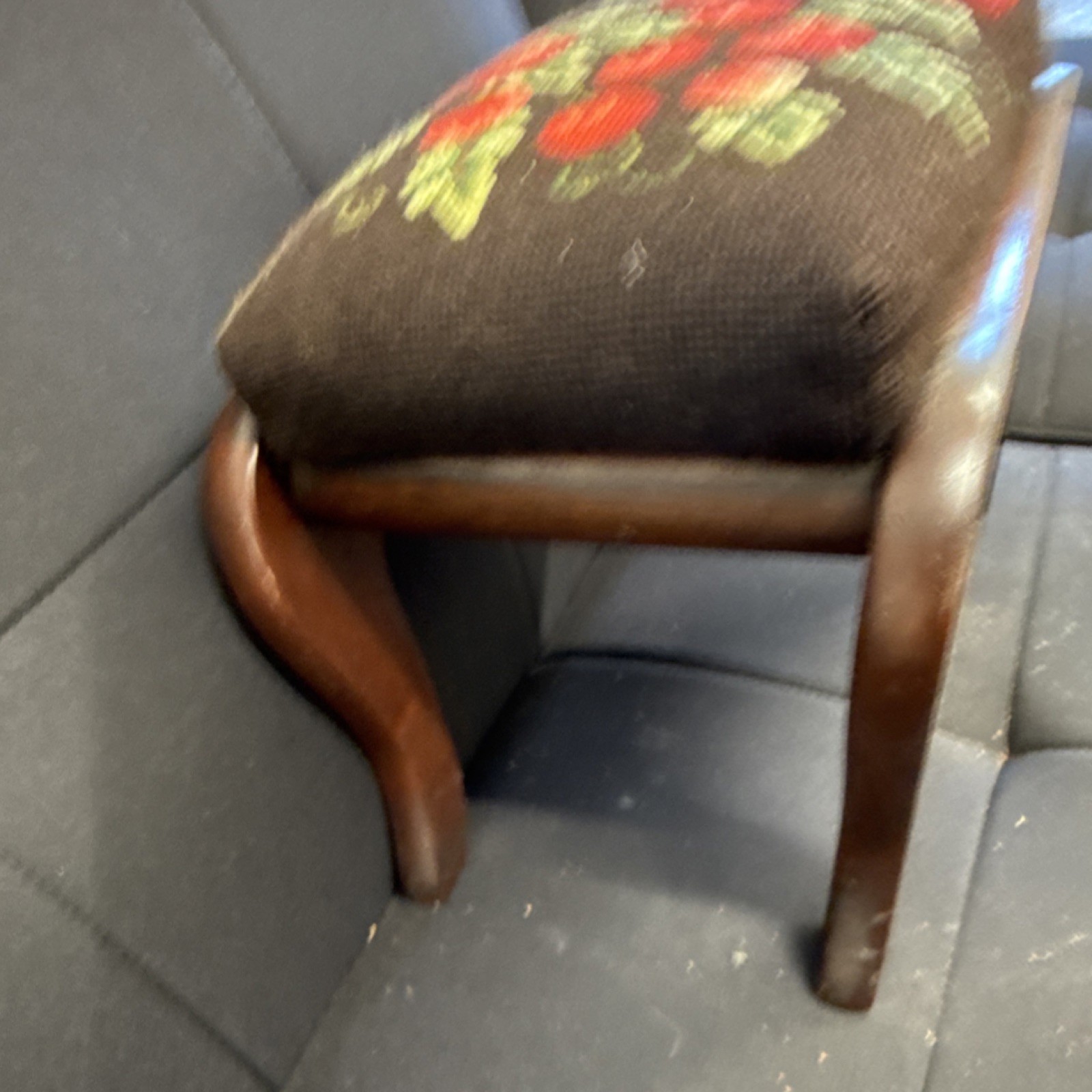 Antique Wooden Footstool Floral Needlepoint Rectangular Brown Red Green