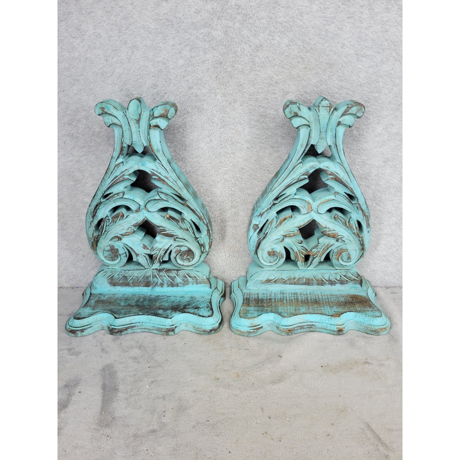 Set of 2 Ornate Carved Wooden Shelves Decor Accent Teal Distressed 13"