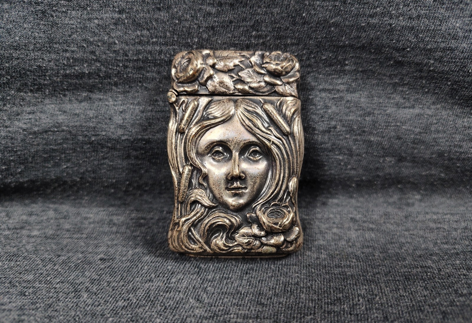 1870's Antique German Silver Art Nouveau Woman Lady Match Safe Vesta