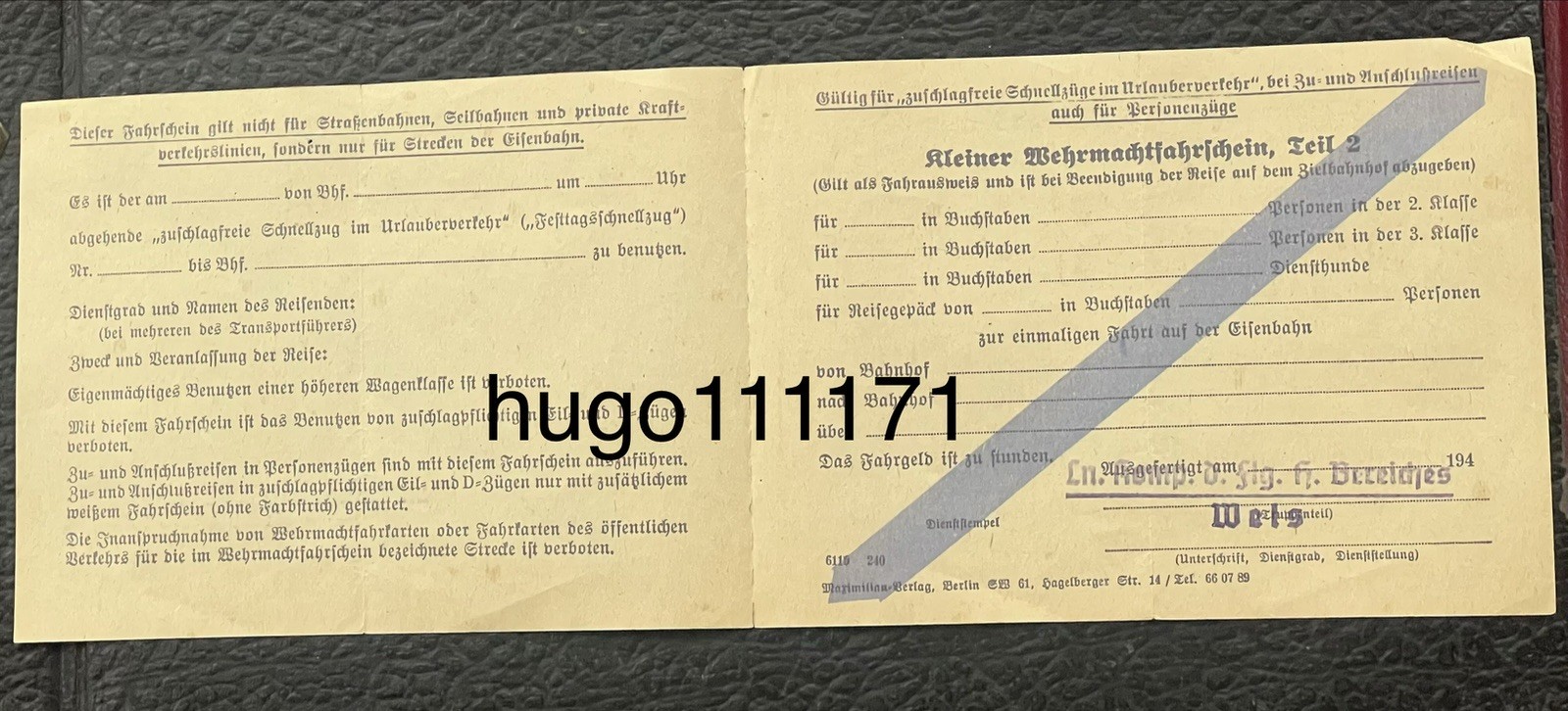 One German ww2 Dokument Wehrmachtfahrschein Official railway travel document