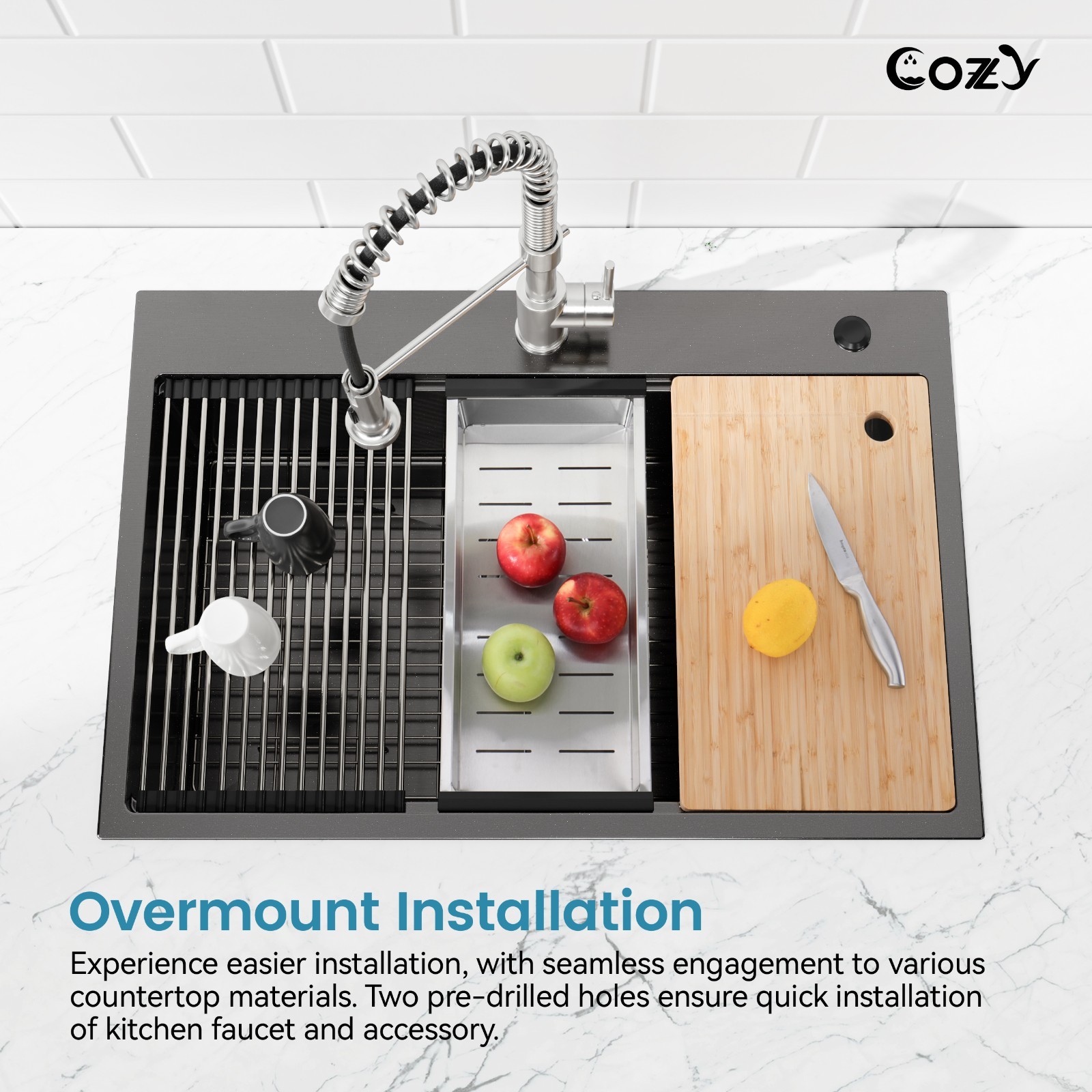 Cozy n Bath 33x22 inch overmount kitchen sink with accessors and drain