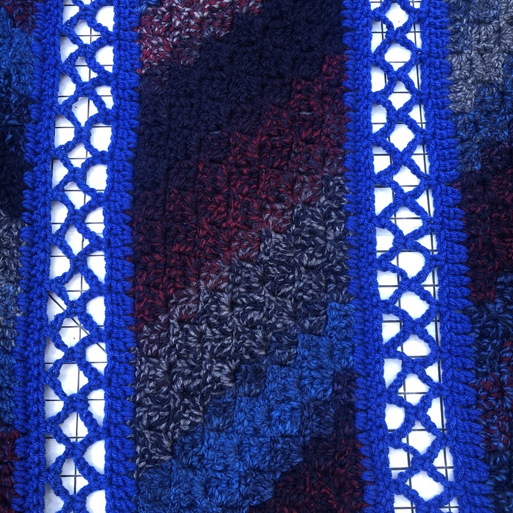 Afghan Blue, Grey, Red & Black 4 Panel 38x48” Throw