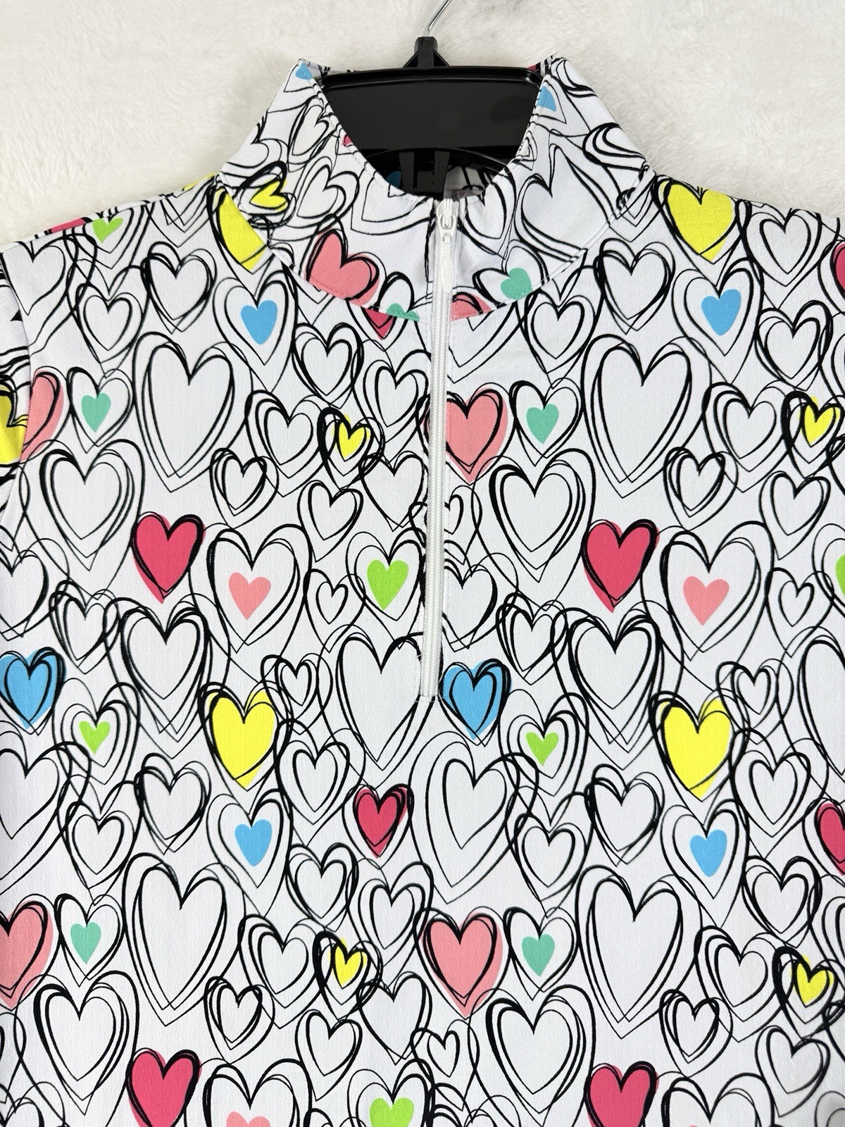 IBKUL Womens Long Sleeve Top XS 1/4 Zip Mock Neck Millie Hearts White Pink  Golf