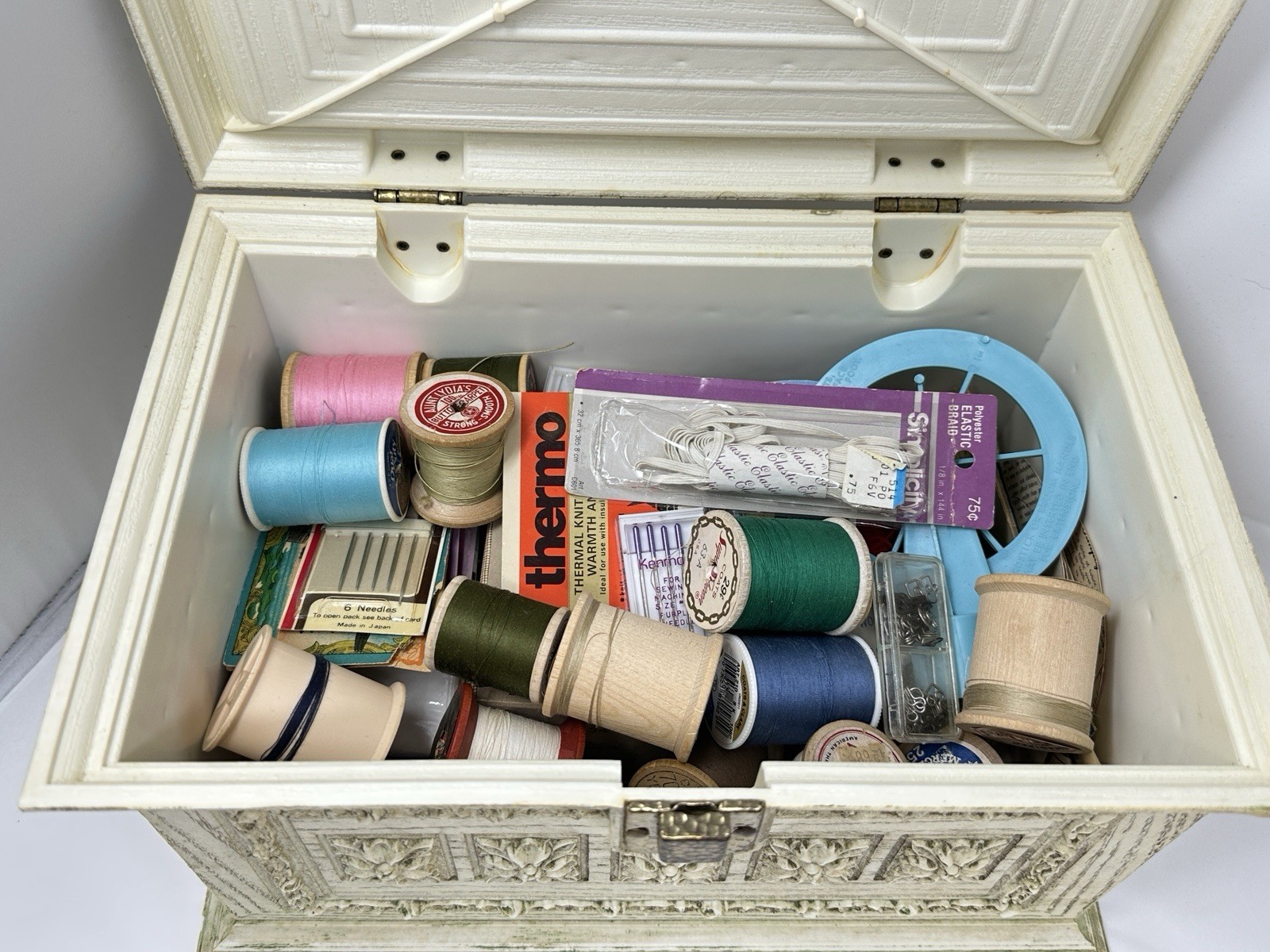 Vintage Max Klein Sewing Box Faux Wood Plastic Storage with Contents Supplies