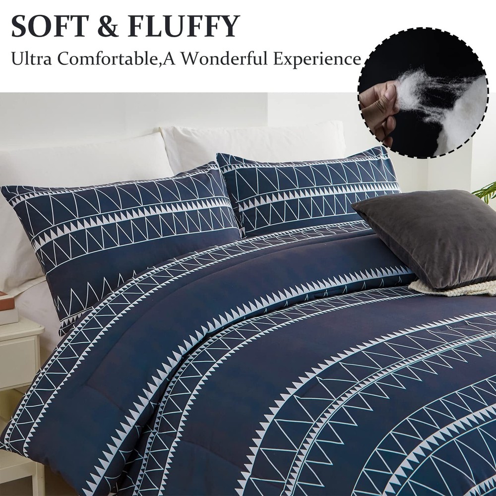WONGS BEDDING Navy Blue Comforter Set Queen, Reversible Boho Triangle Down Al...