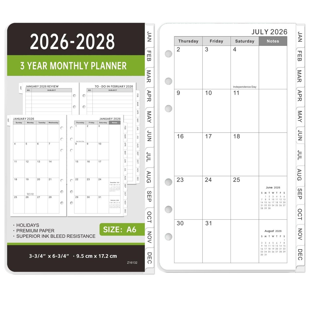 A6 Monthly Planner Refill 2026 to 2028 with Tabs