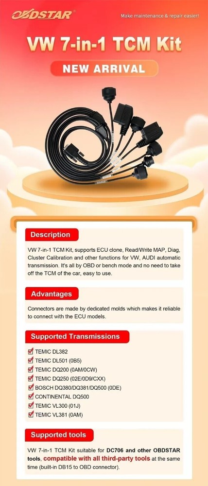 OBDSTAR VW 7-in-1 TCM Kit Support E-C-U Clone Read/Write MAP for DC706