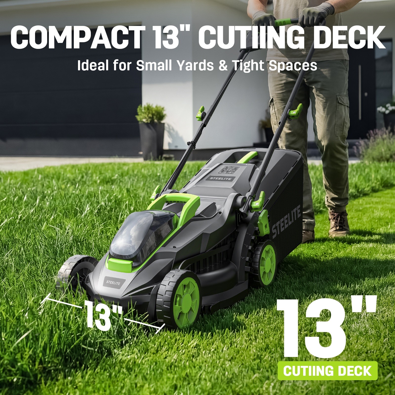 STEELITE 13-Inch 21V Cordless Lawn Mower with Brushless Motor & 2x4.0Ah Battery