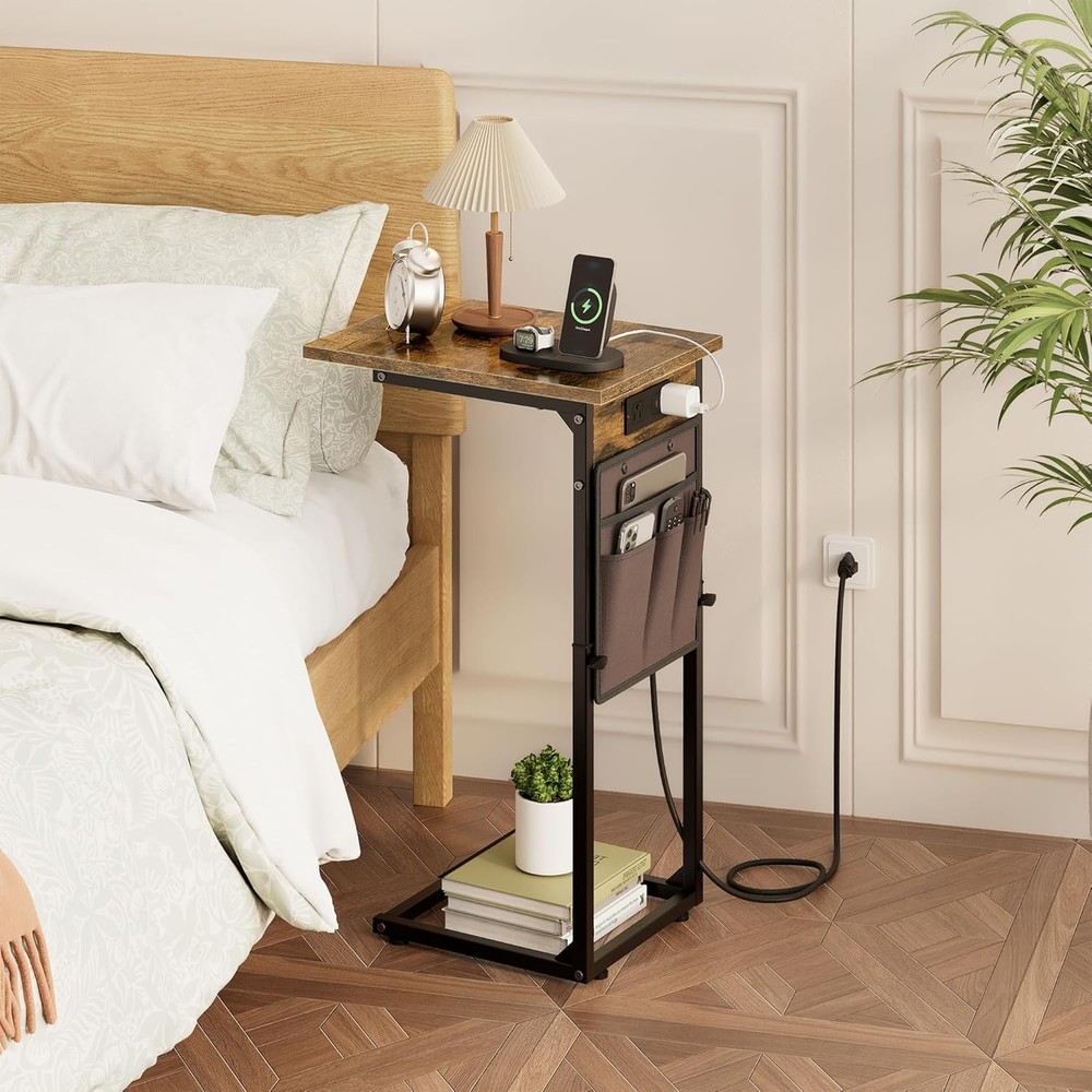 Vagusicc C Shaped End Table with Charging Station, Adjustable Rustic Brown