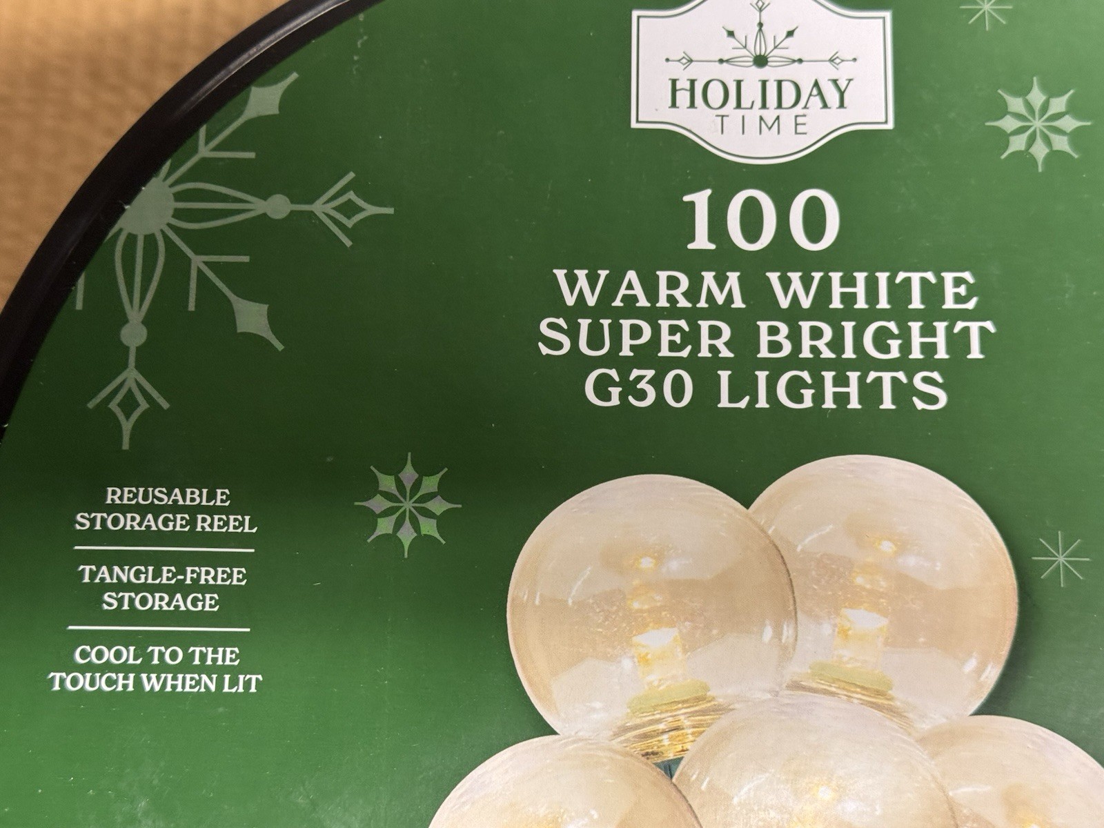 NEW 2025! HOLIDAY TIME 100 WARM WHITE LED Super Bright G30 Lights GRN Wire 58.1'