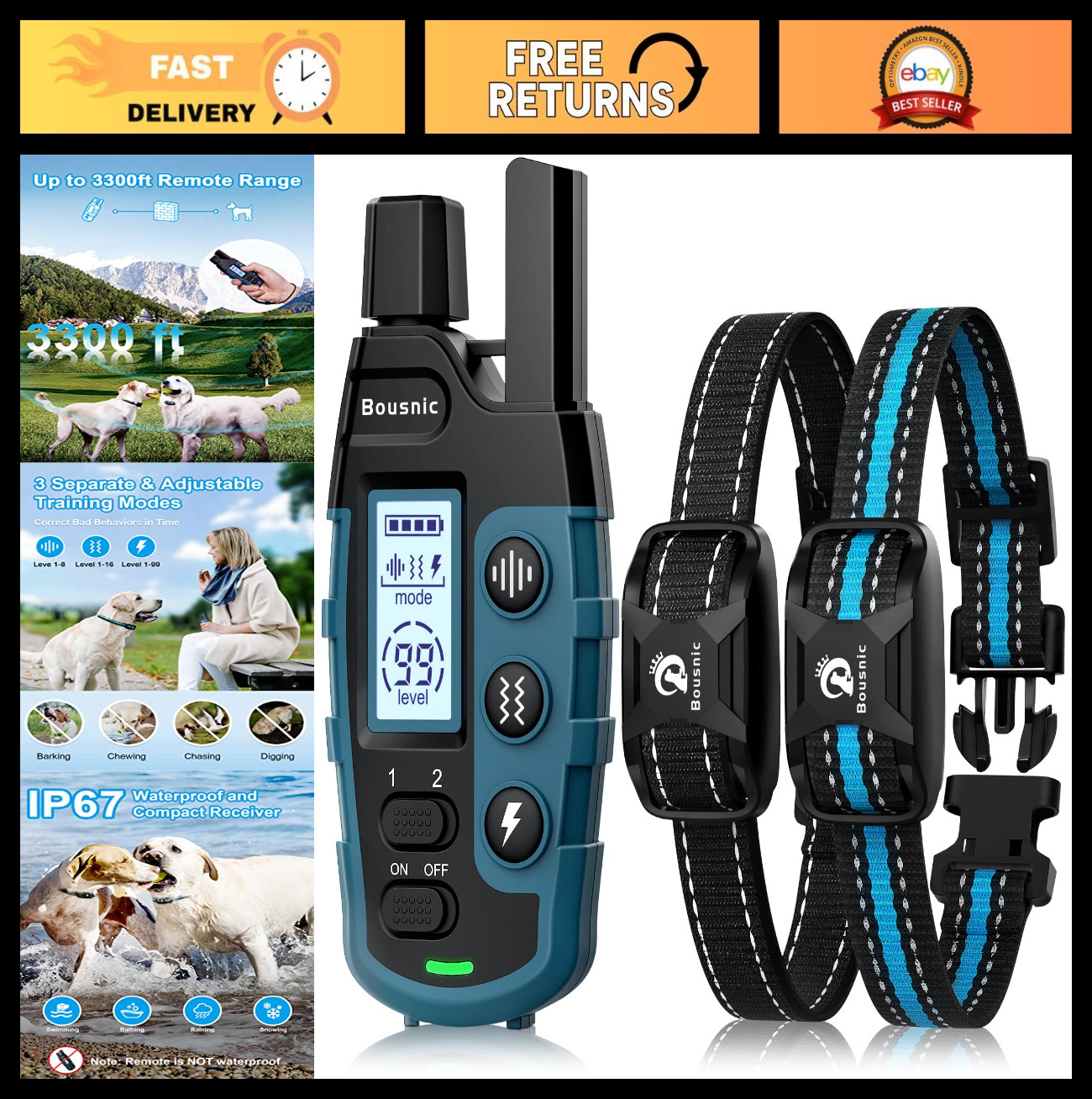 Rechargeable Waterproof Dog Shock Collar for 2 Dogs, 3300ft Range, Beep/Vibratio