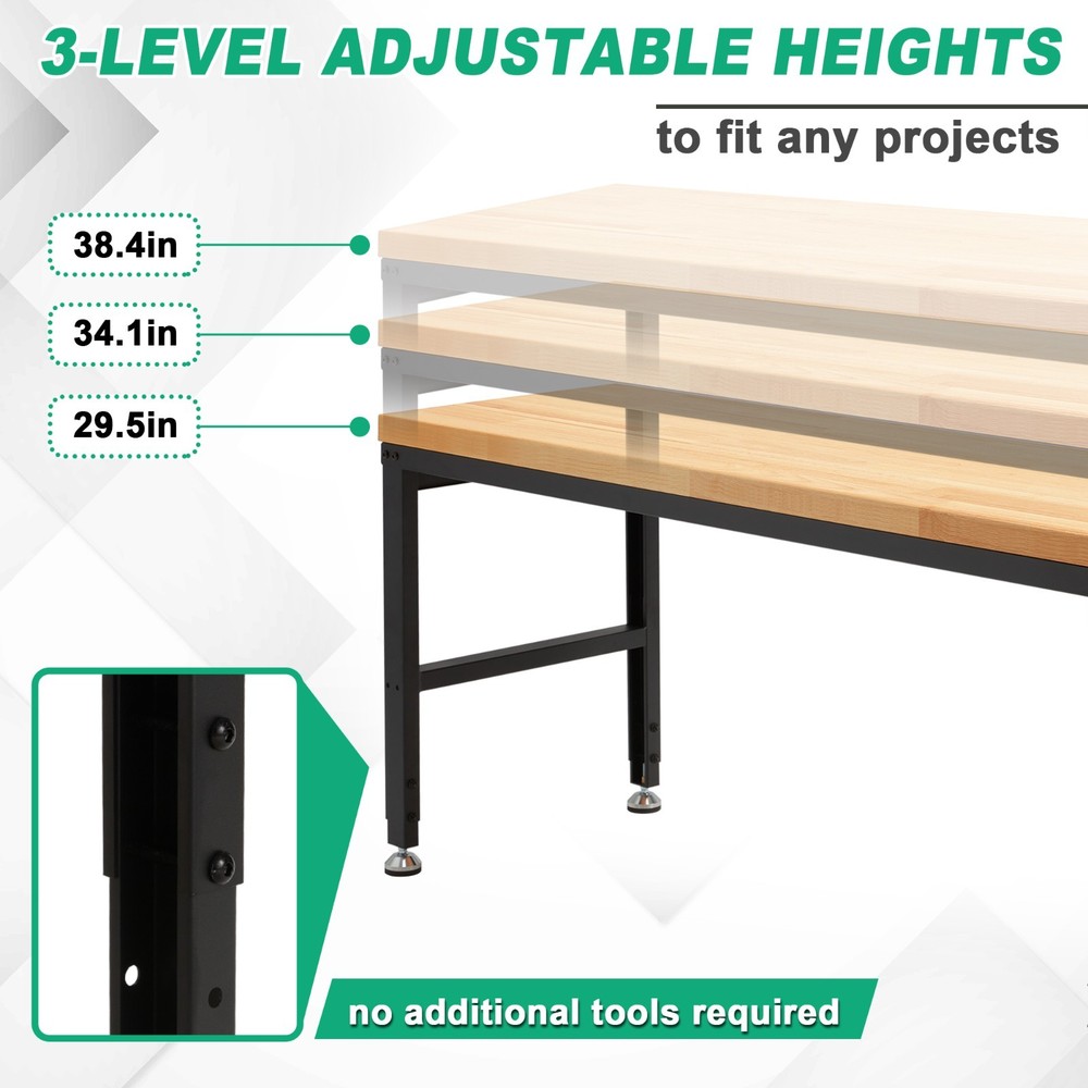 HABUTWAY Height Adjustable Workbench, 60"x20" 2000 Lbs Capacity Solid Wood Work