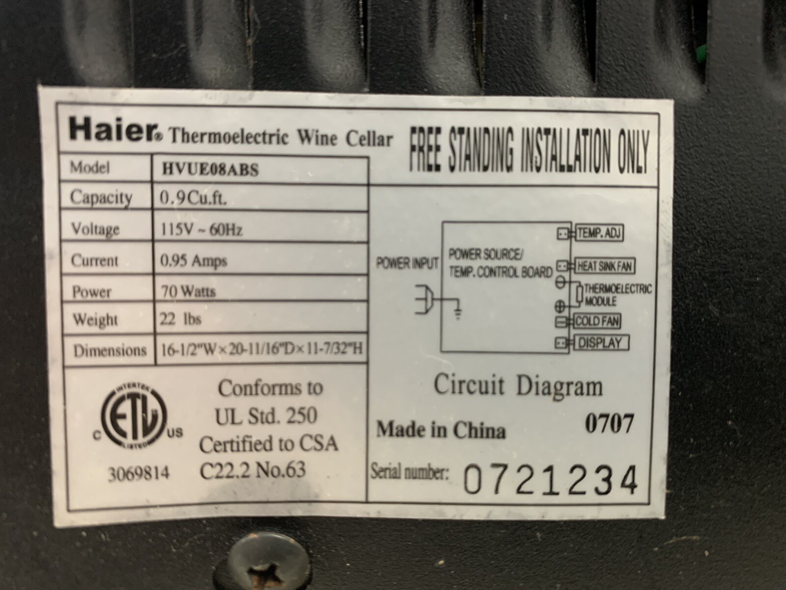 Haeir Thermoelectric Wine Cellar 8 Bottles Chiller Cooler Refrigerator Electric