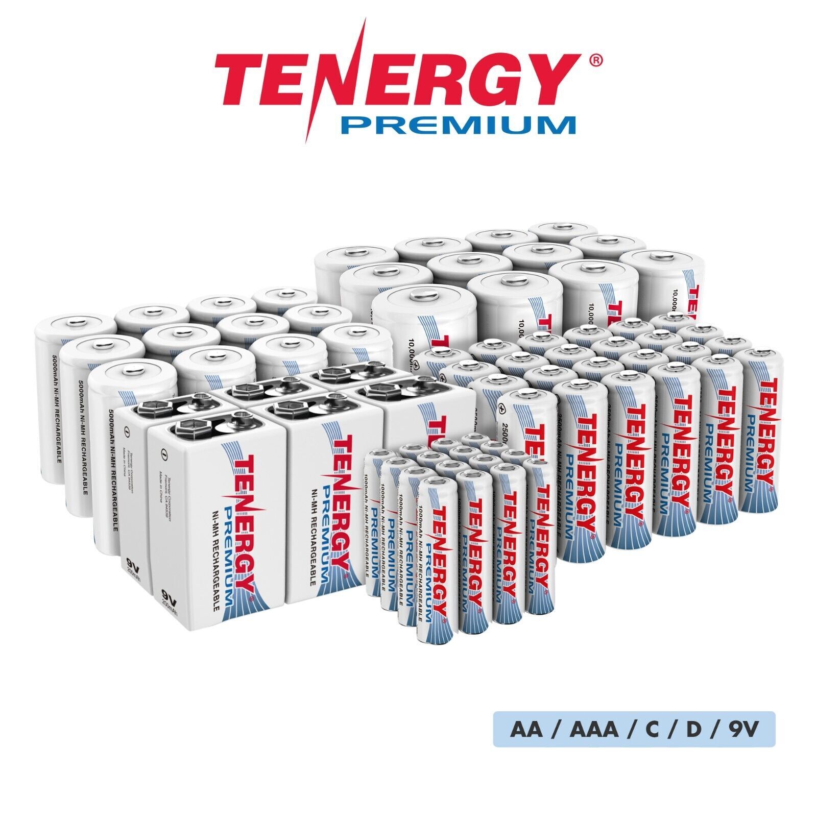 Tenergy PREMIUM AA AAA C D 9V NiMH High Capacity Rechargeable Batteries LOT