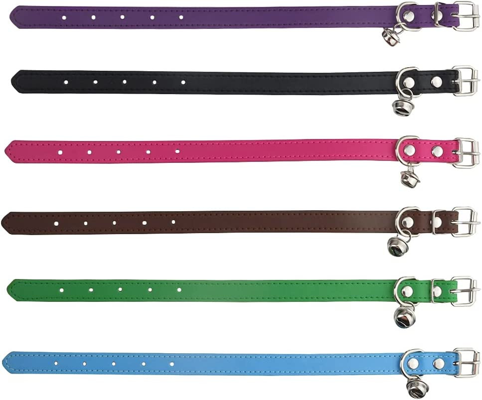 6Pcs Leather Pet Collars with Bell Adjustable 20-28Cm Soft Identification Leathe