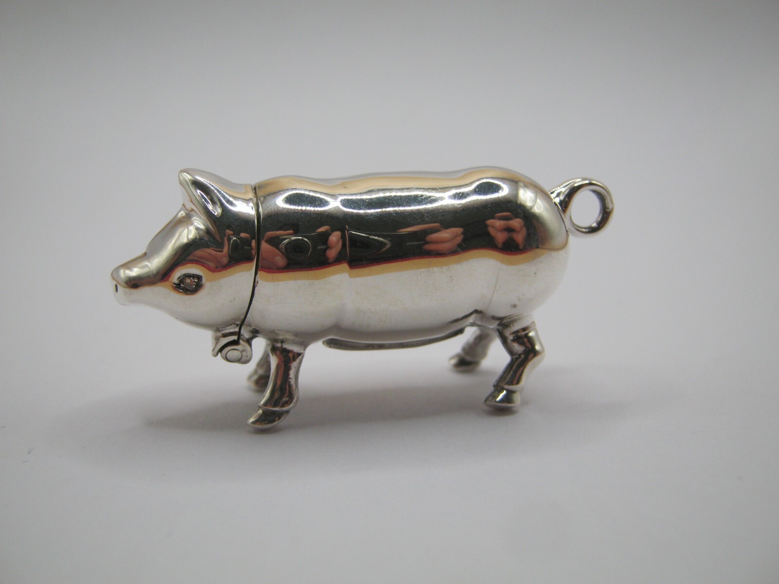 Unusual Sterling Silver Pig Vesta Case Match Safe With Real Diamond Eyes
