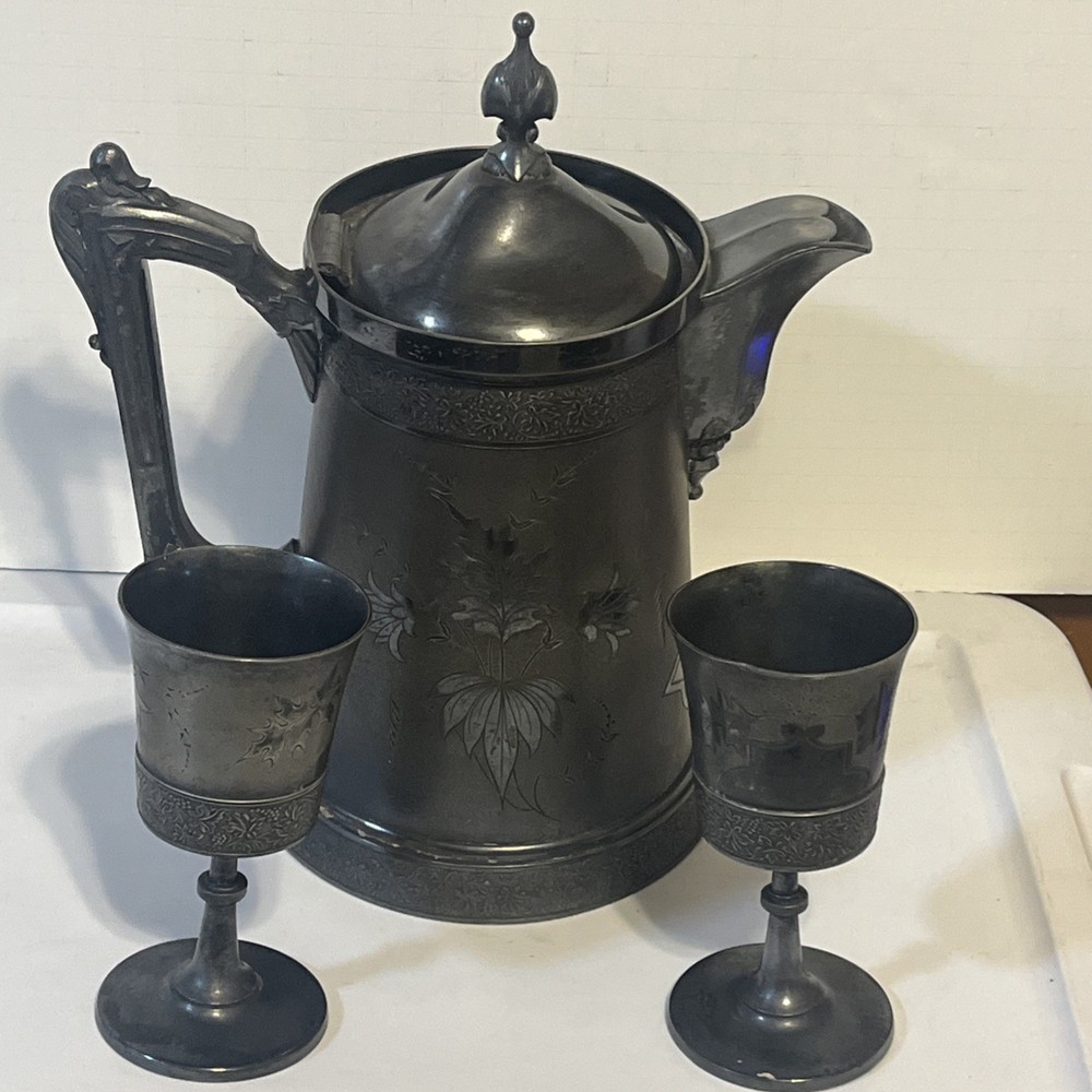Antique Wilcox Silverplate Co Quadruple Plated Pitcher And Goblets 1230 330