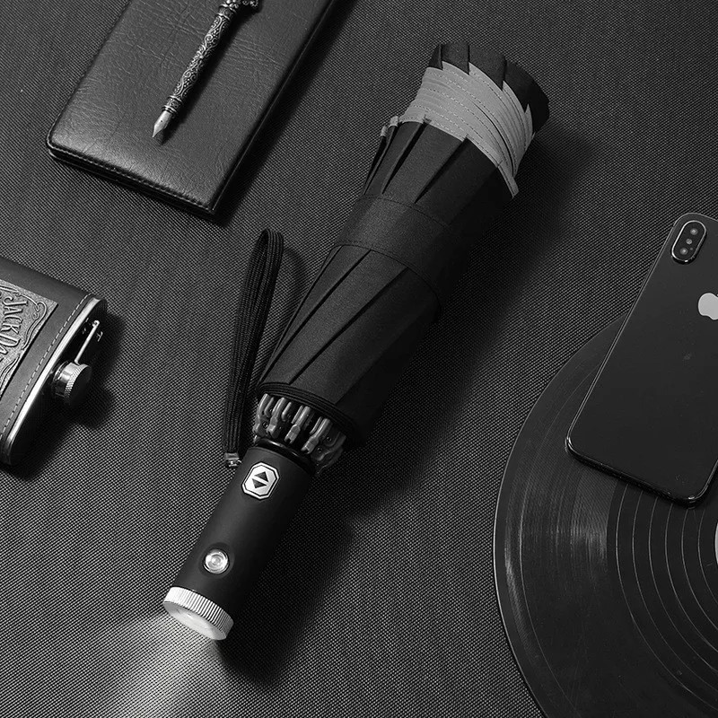 Automatic Folding Umbrella UV Protect Waterproof Wind Resistant LED Flashlight