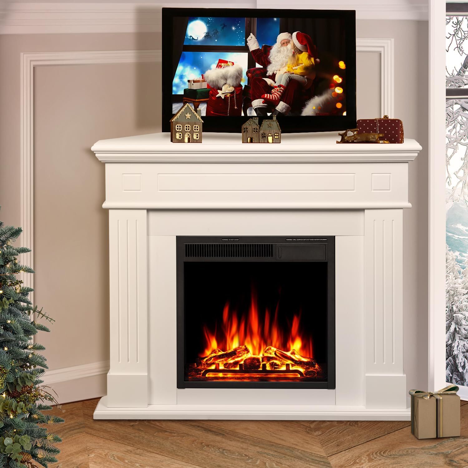 43” Corner Electric Fireplace Mantel Wooden Surround Firebox, TV Stand,Remote