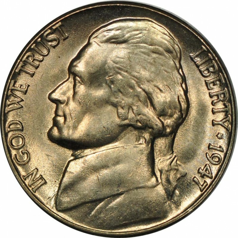 1947-D JEFFERSON NICKEL - CH BU -STRUCK THROUGH OBJECT UNKNOWN! -EE265CSX2