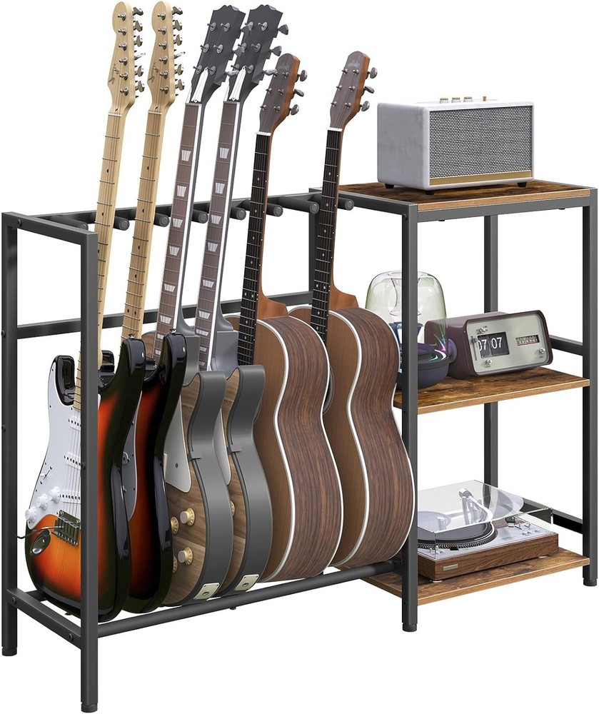Guitar Stand Multi Guitar Rack 6 String Instruments with Side Shelves Brown